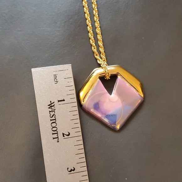 Vintage Gold Purple Blue Hand Painted Artist Signed Geometric Pendant Necklace - Picture 11 of 12